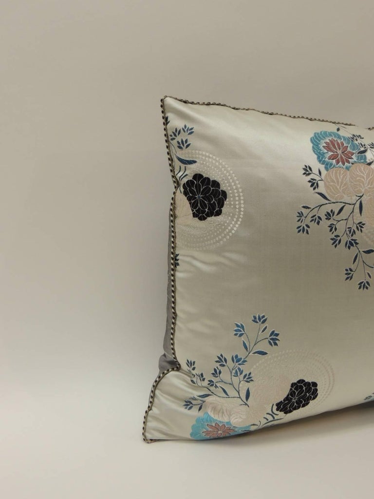 Grey and Blue Japanese Silk Floral Obi Decorative Bolster Pillow at