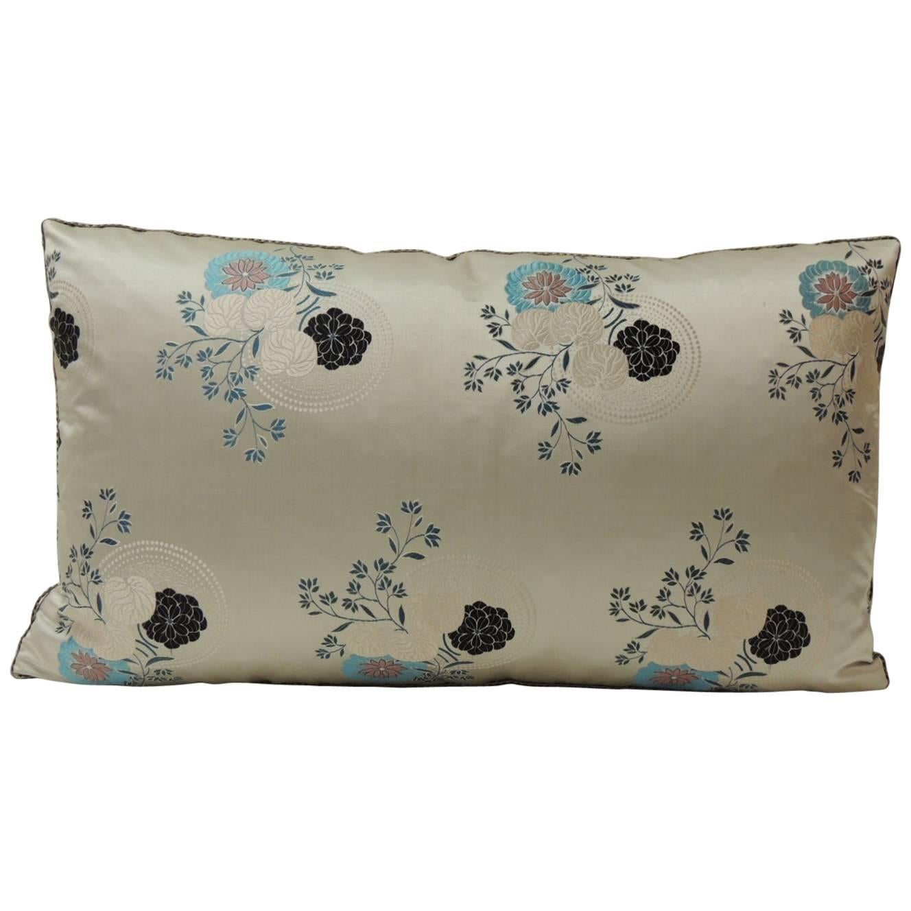 Grey and Blue Japanese Silk Floral Obi Decorative Bolster Pillow at