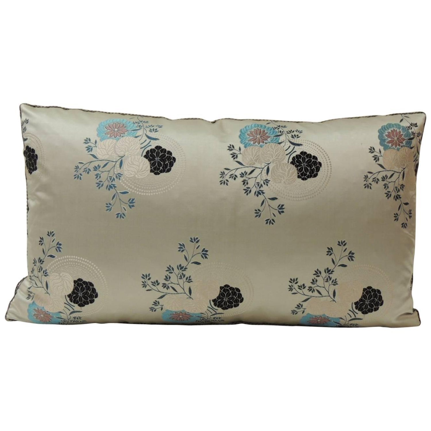 Grey And Blue Japanese Silk Floral Obi Decorative Bolster Pillow