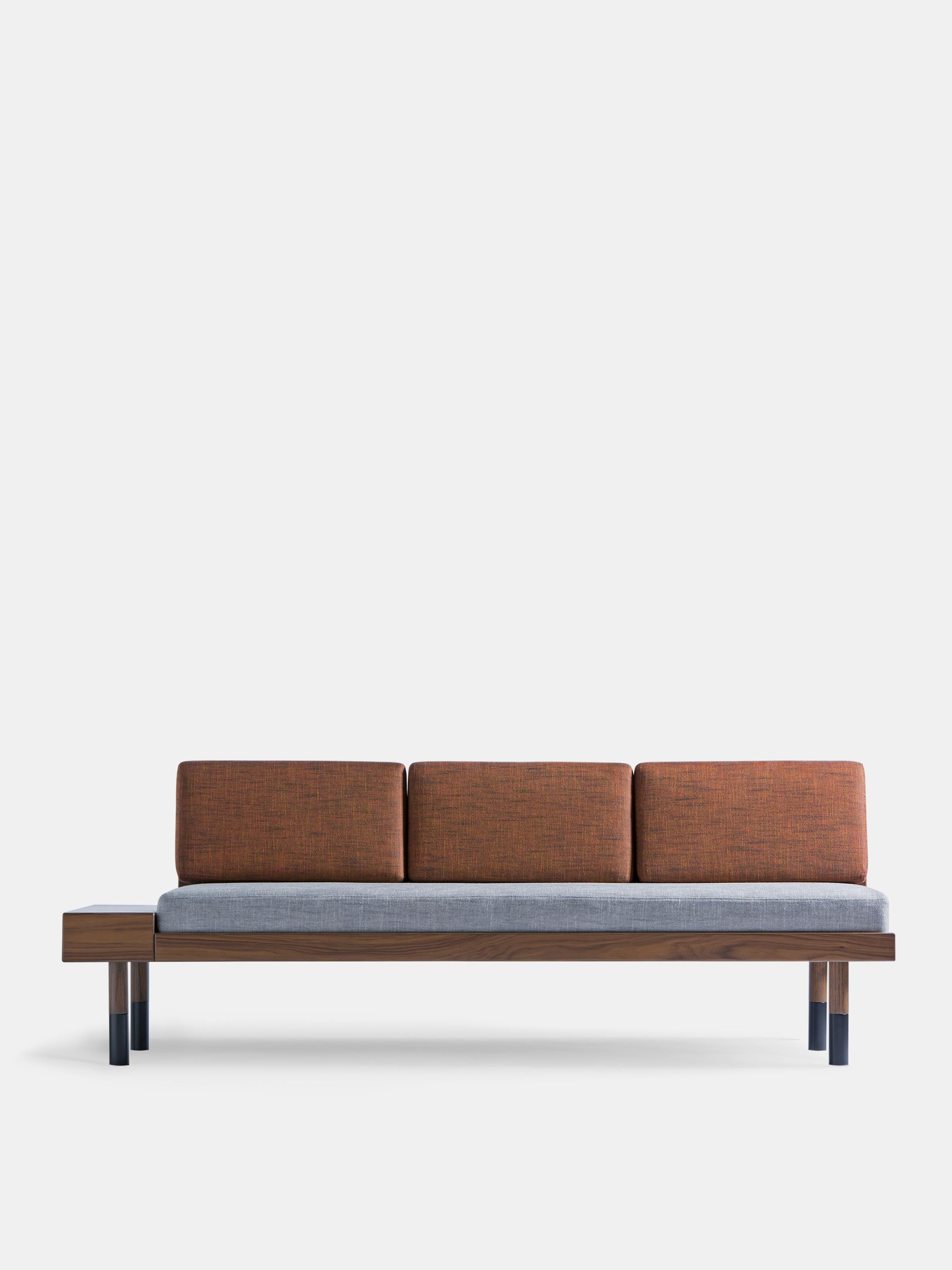 Grey and Brick Red Mid Sofa by Kann Design
Dimensions: D 70 x W 200 x H 74 cm.
Materials: Solid wood, steel, wood veneer, HR foam, fabric upholstery - seating: Sahco Ellis 4
- back: Sahco Ellis 18 (70% viscose, 30 % linen).
Available in other
