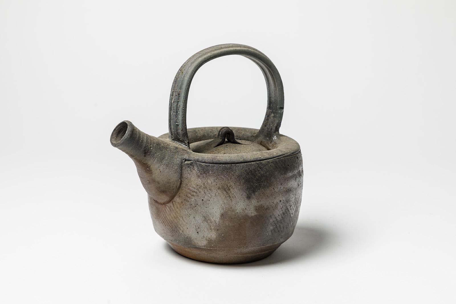 Mid-Century Modern Grey and Brown Ceramic Tea Pot by Eric Astoul La Borne French Design, 1980