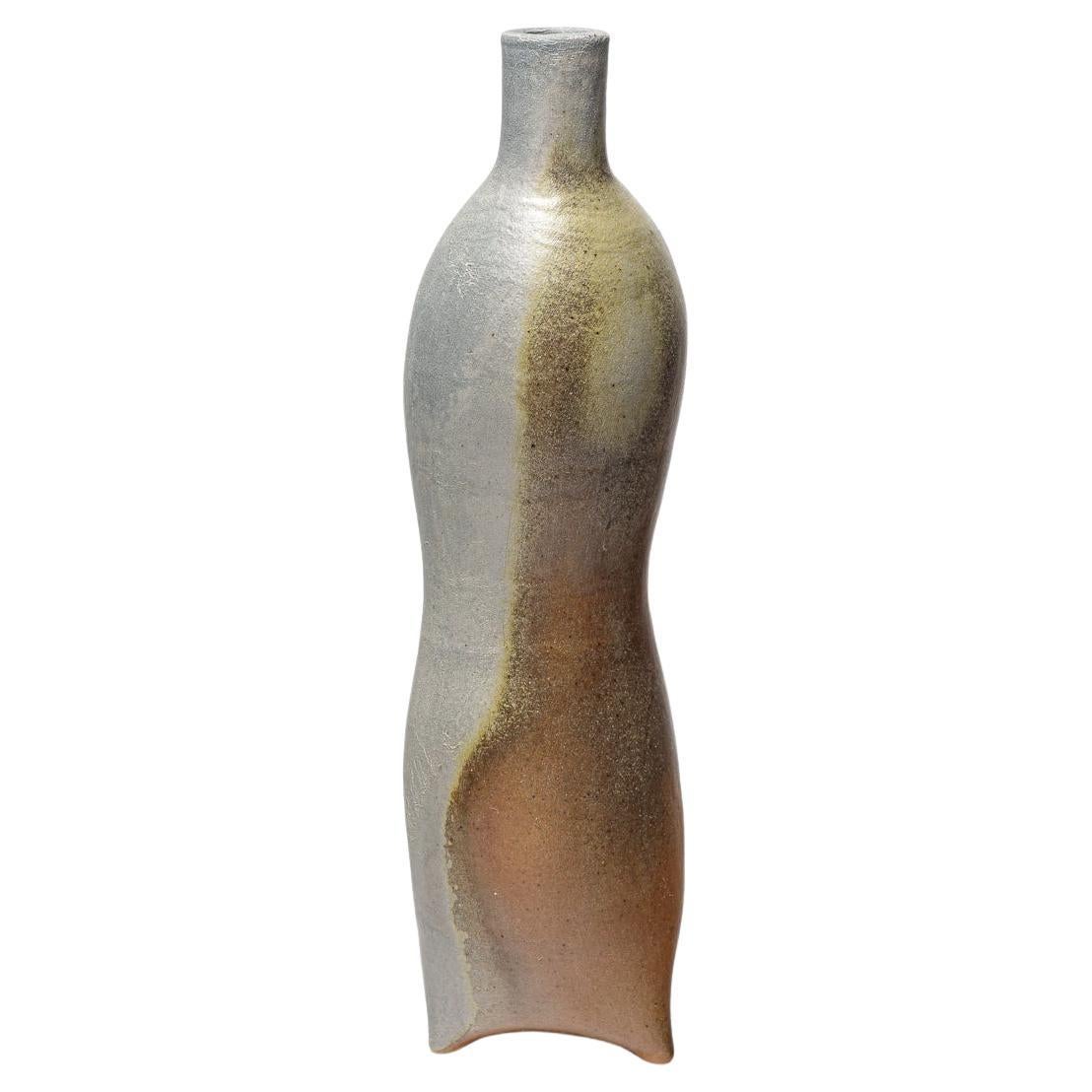 grey and brown stoneware ceramic vase bottle by B. Chassang unique piece 38 cm
