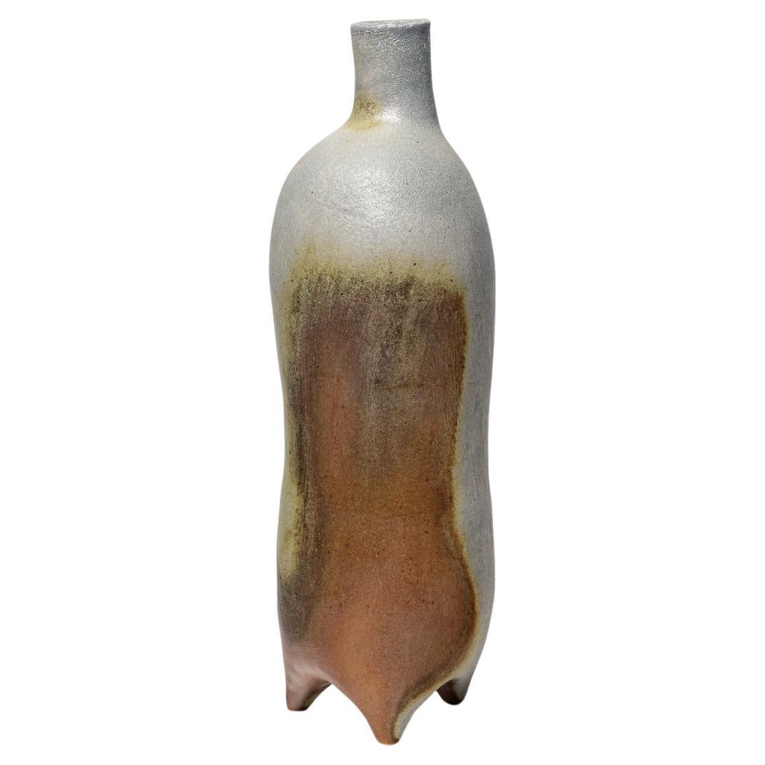 grey and brown stoneware ceramic vase bottle by B. Chassang unique piece