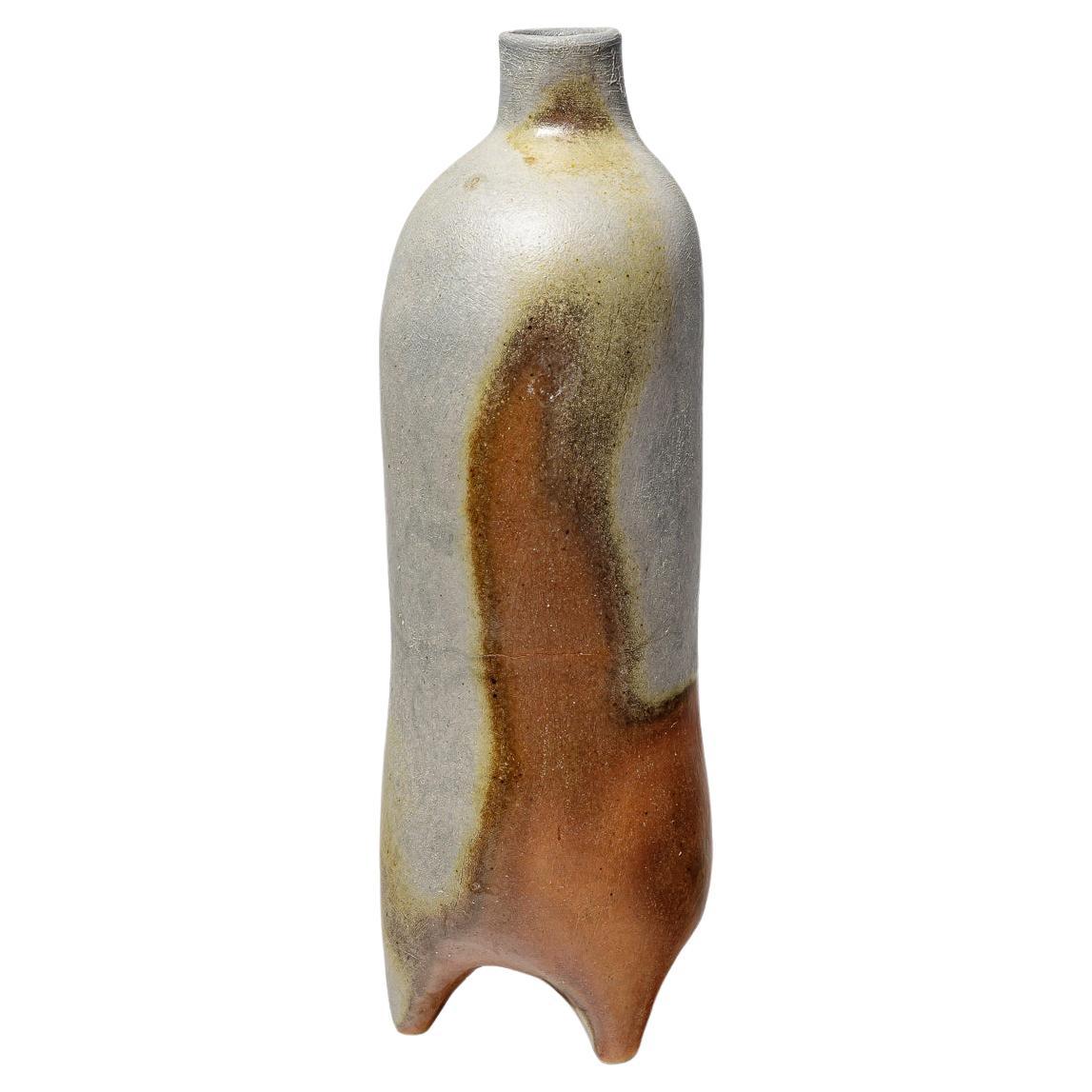 grey and brown stoneware ceramic vase bottle by B. Chassang unique piece