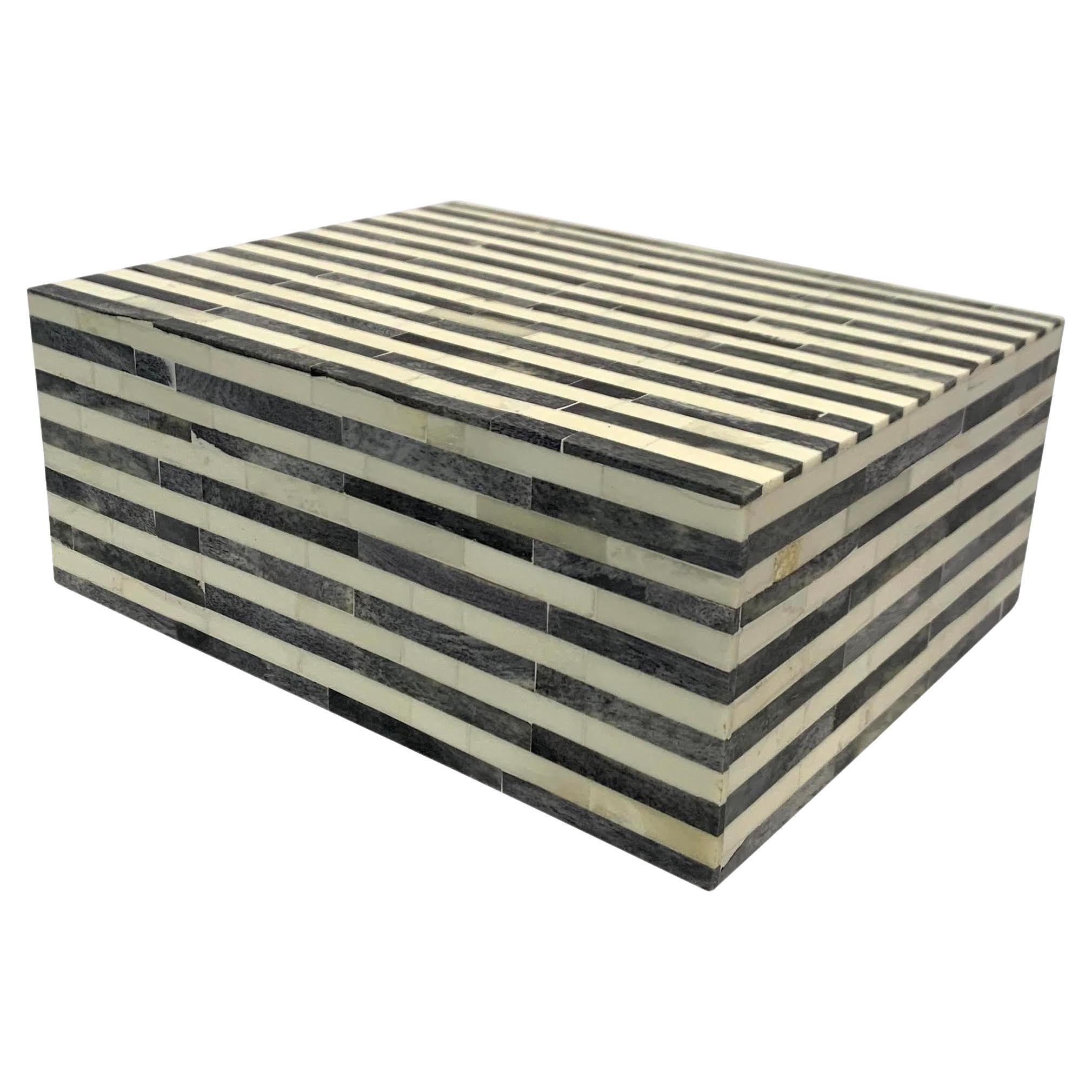 Grey And Cream Stripe Lidded Bone Box, India, Contemporary For Sale