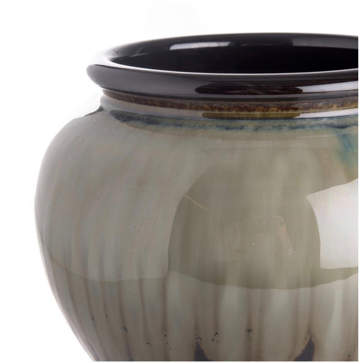 Contemporary Chinese ceramic pot with decorative drip glaze.
Grey ground with dark brown at the lip and bottom. A touch of turquoise at the top.
Two available and sold individually.

 