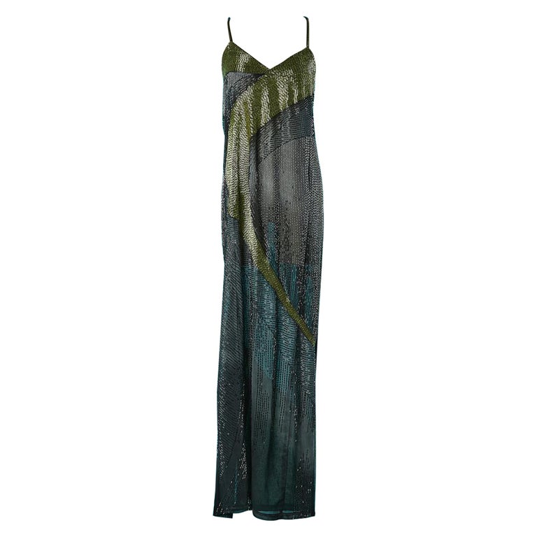 Grey and green full beaded evening dress Krizia New For Sale at 1stDibs