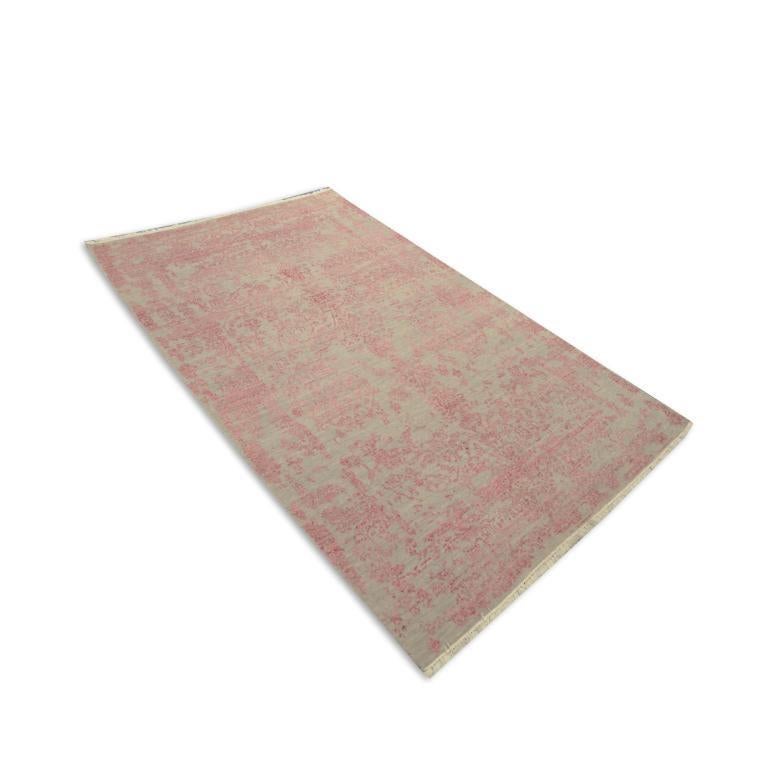 Hand-Knotted Grey and Pink Abstract Rug, Silk and Wool For Sale