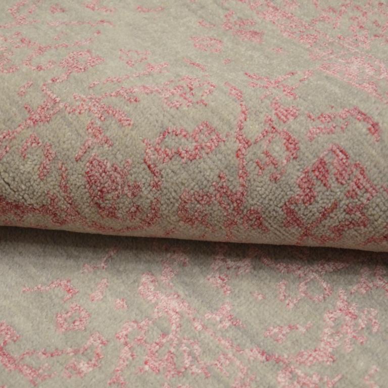 Contemporary Grey and Pink Abstract Rug, Silk and Wool For Sale
