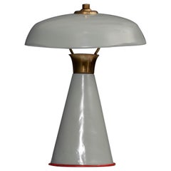 Grey and Red Lacquered Table Lamp in Metal and Brass, Italy, 1950's