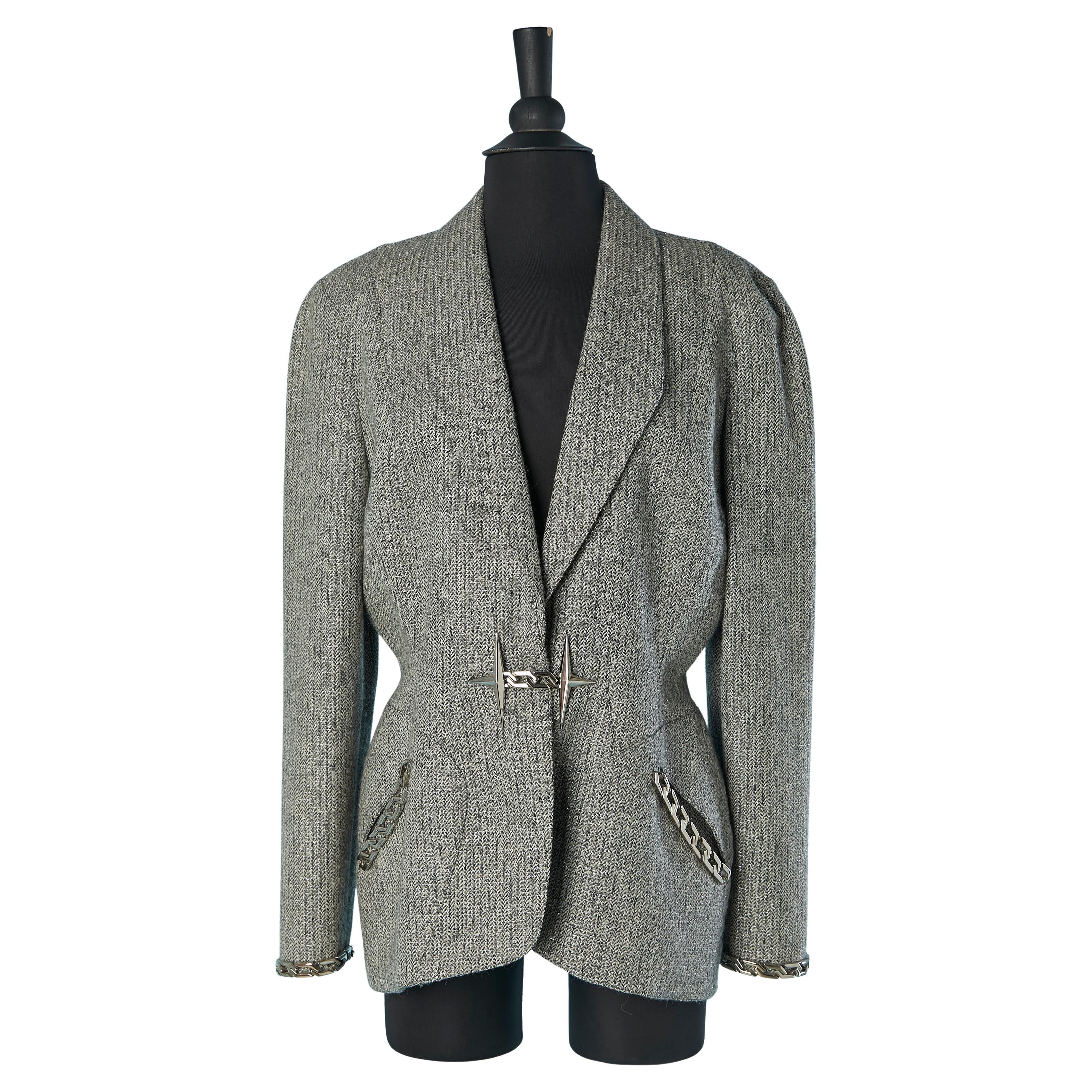Grey and silver Tweed lurex jacket with chain and star THIERRY MUGLER For Sale
