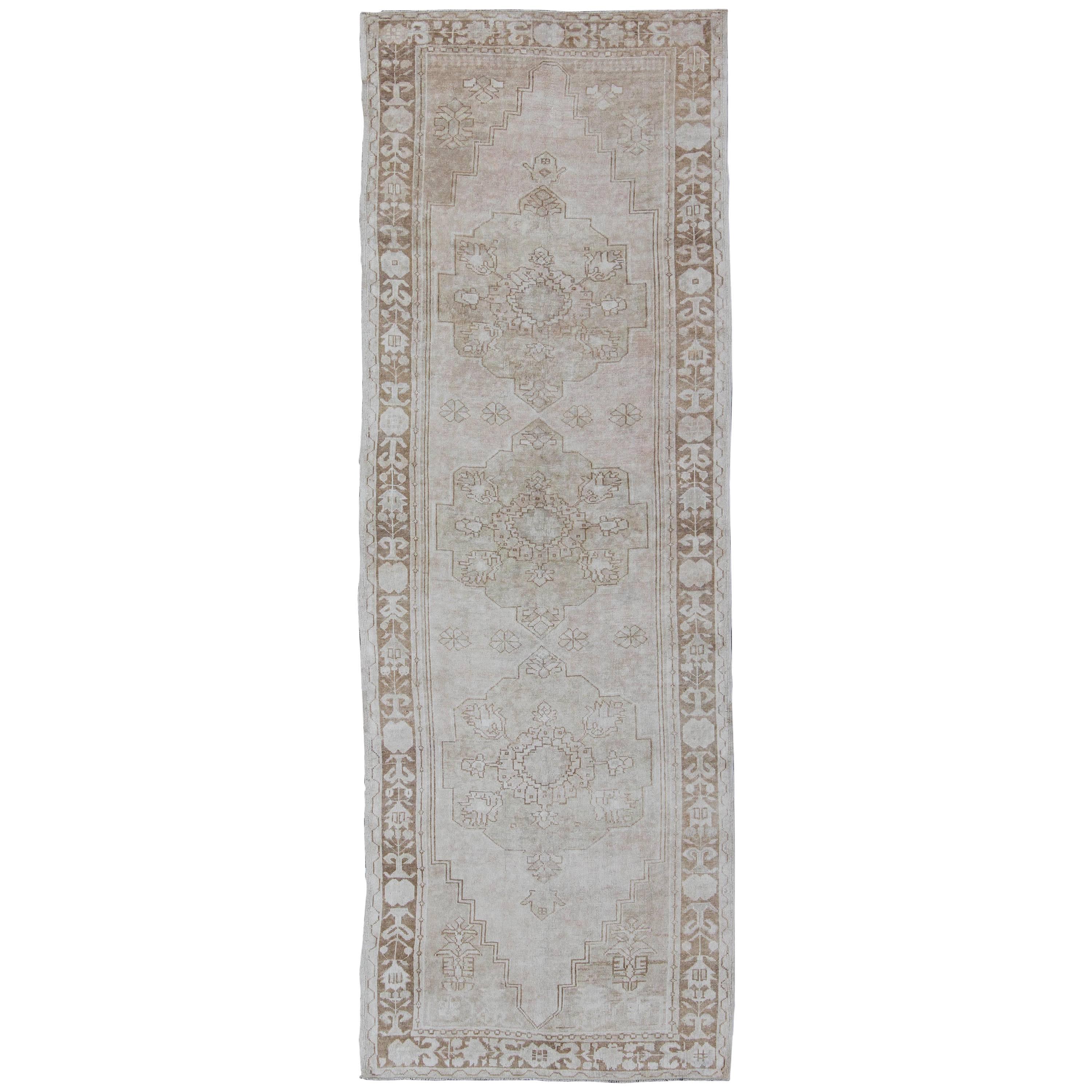 Colorful Vintage Turkish Oushak Runner with Repeating Diamond Geometric