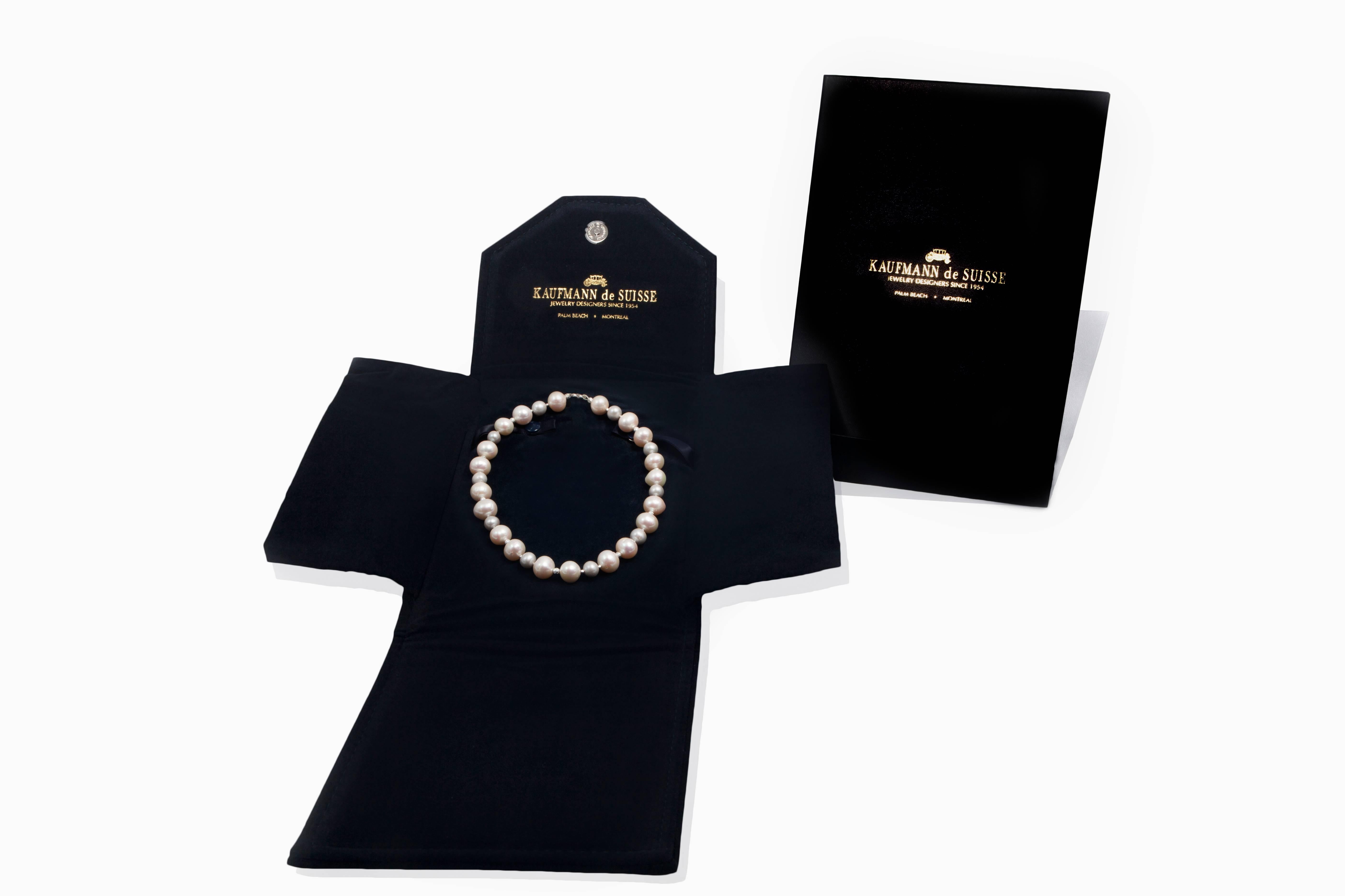 Features 20 Hand Picked Freshwater Grey Pearls Measuring 8.5-9mm Each and 20 White Pearls Measuring 12-13mm Each. Beautifully Spaced with Sterling Silver Diamond Cut Beads. Original Kaufmann de Suisse design. Handmade in Palm Beach, United States.