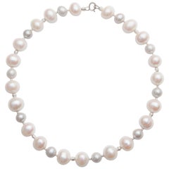  Grey and White Classic Pearl Necklace with Diamond Cut Beads