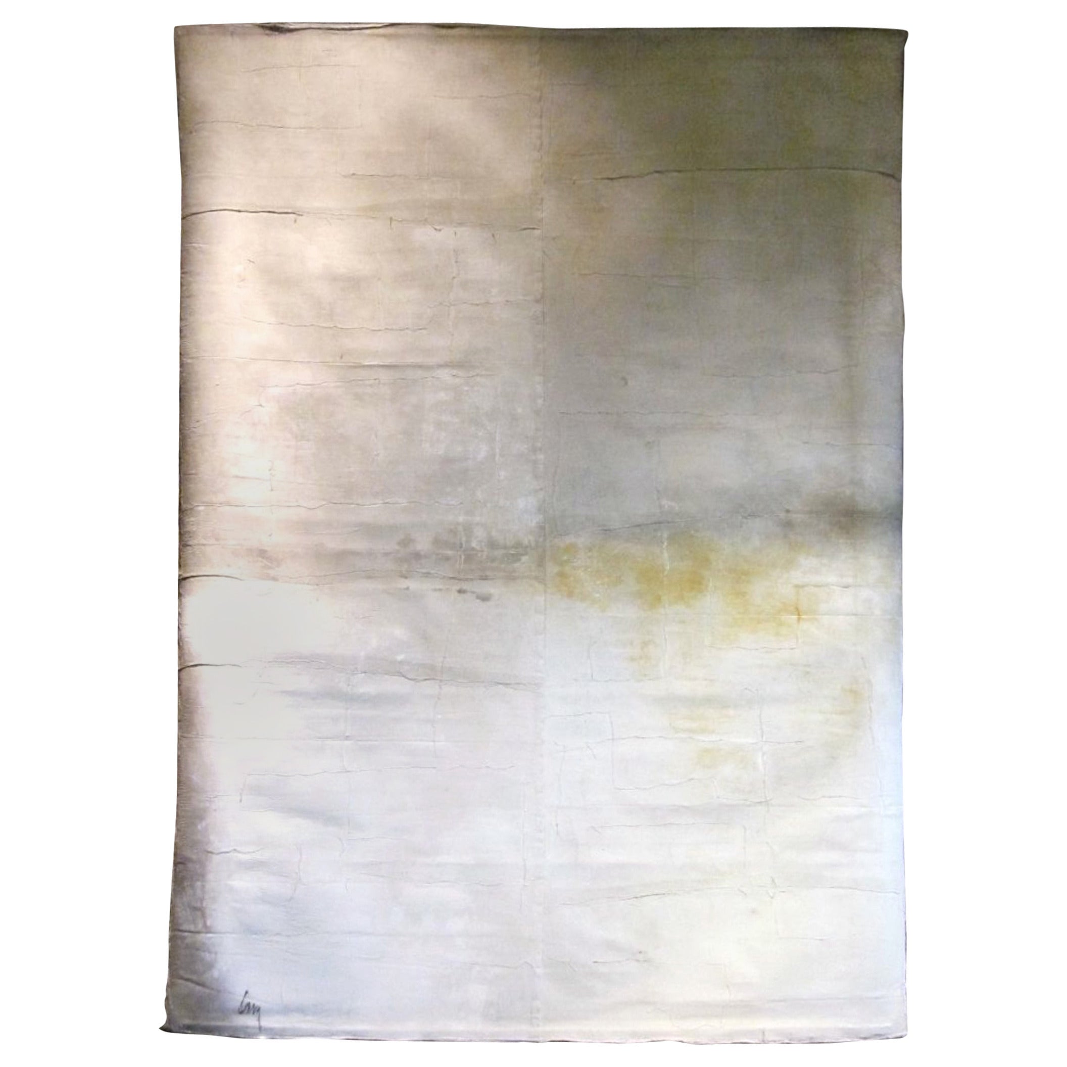 Extra large grey and white painting by contemporary Belgian artist Diane Petry.
The artist creates her own canvas using mixed-media.
This painting is over seven feet tall.
It hangs unframed from a rod at the top interior of the painting.
A very