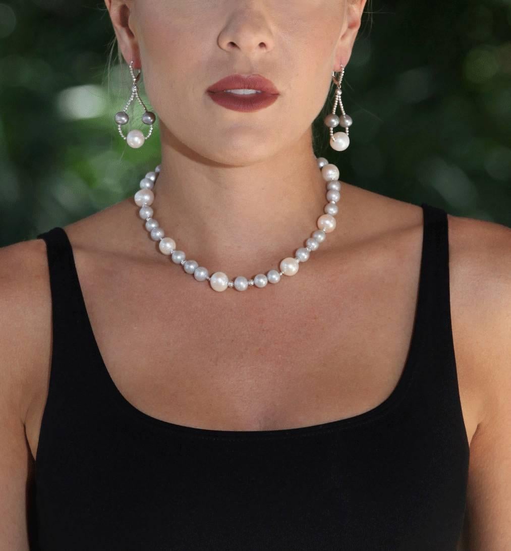 Modern Grey and White Freshwater Pearl Necklace with Diamond Cut Beads For Sale