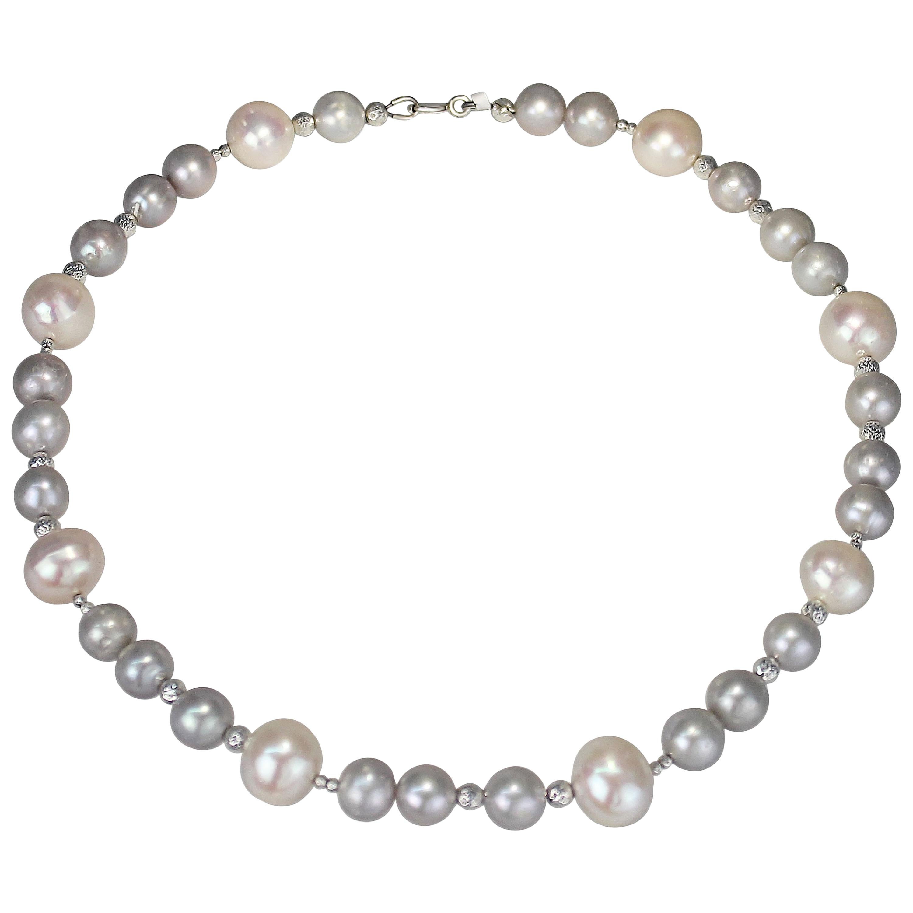 Grey and White Freshwater Pearl Necklace with Diamond Cut Beads For Sale