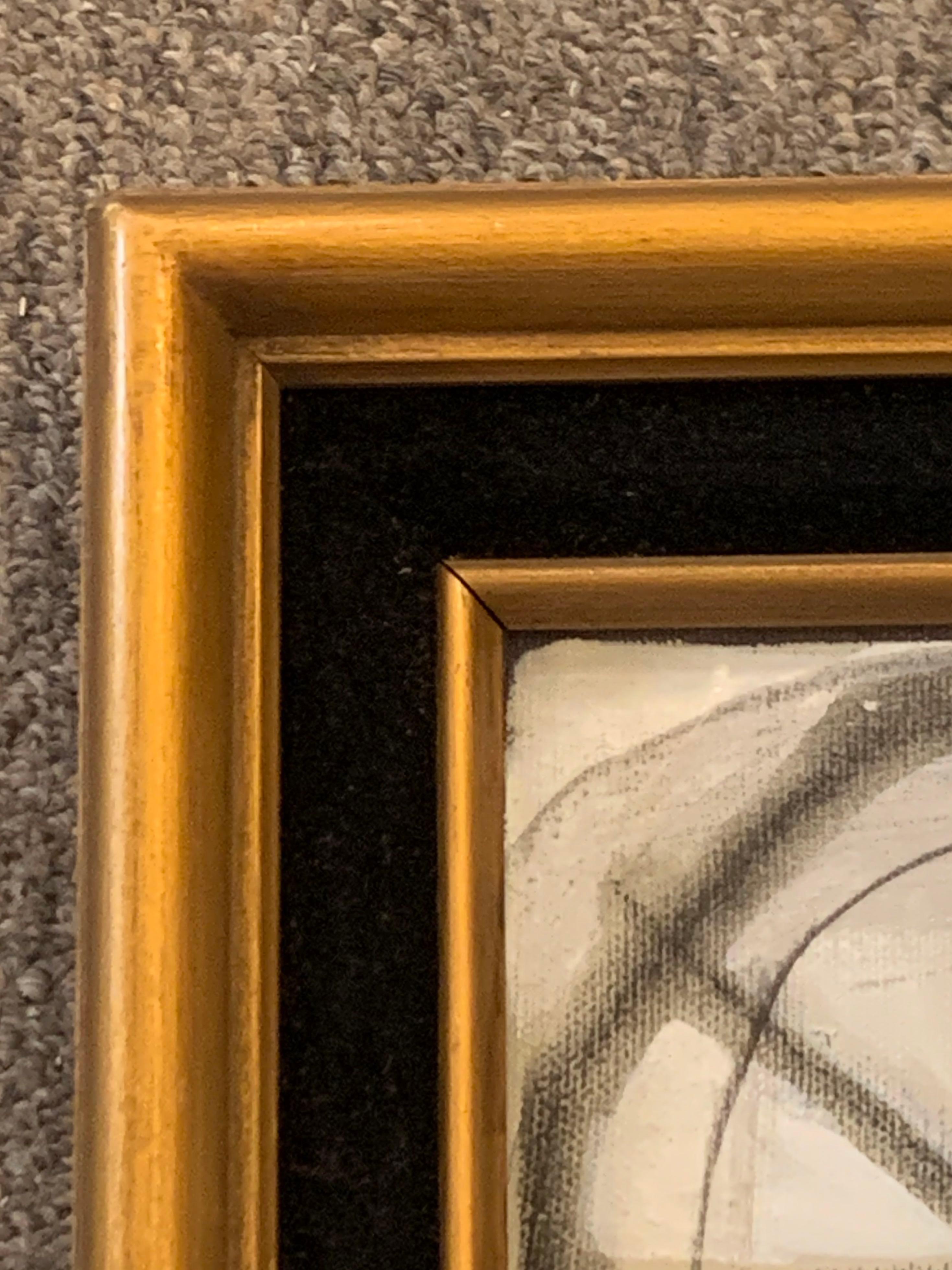 Abstract grey and white gouache painting by American artist Shawn Savage.
Vintage gold gilt and black wood frame.
Signed by the artist.