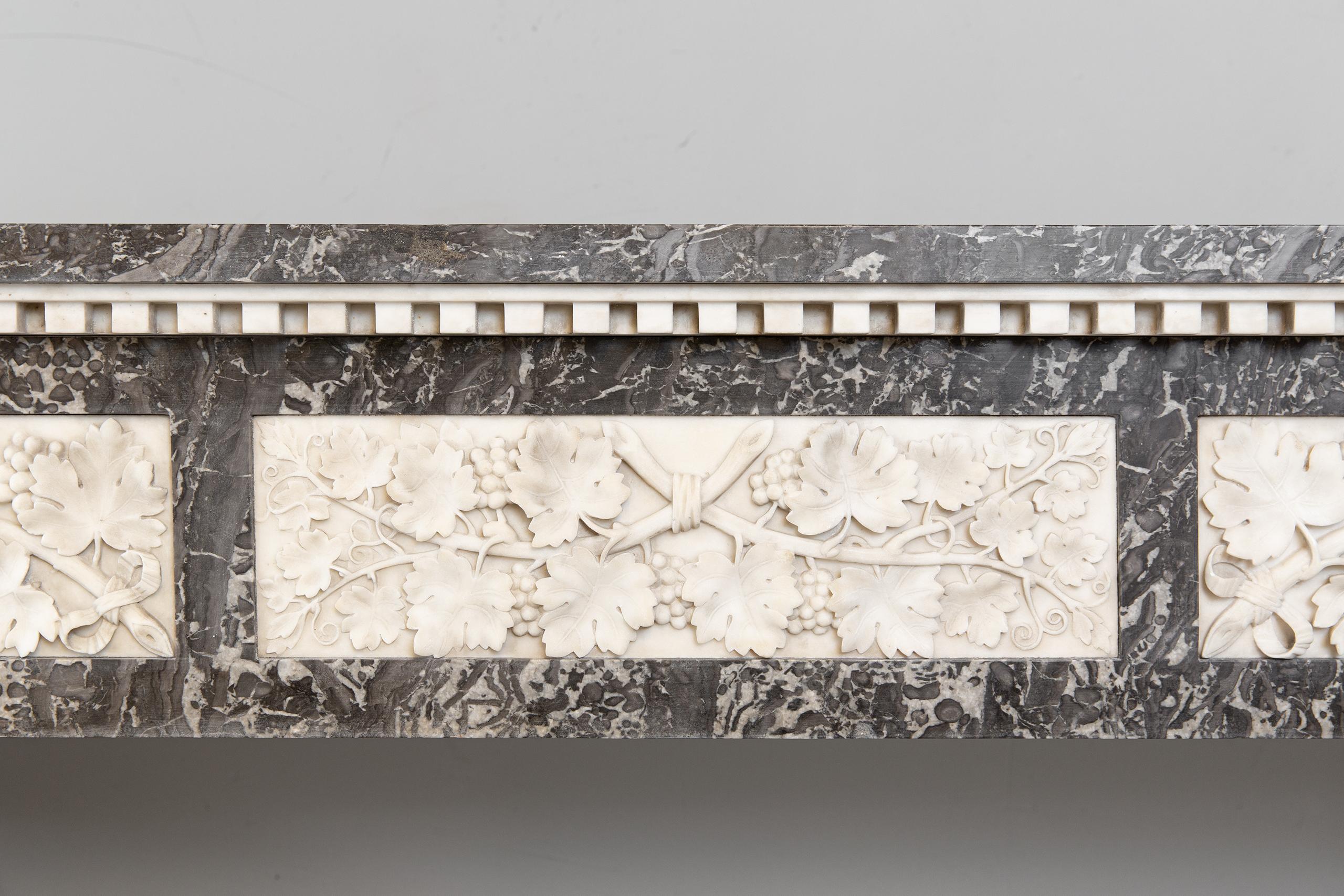Hand-Carved Grey and White Marble Antique Louis XVI Full Circulation Fireplace For Sale