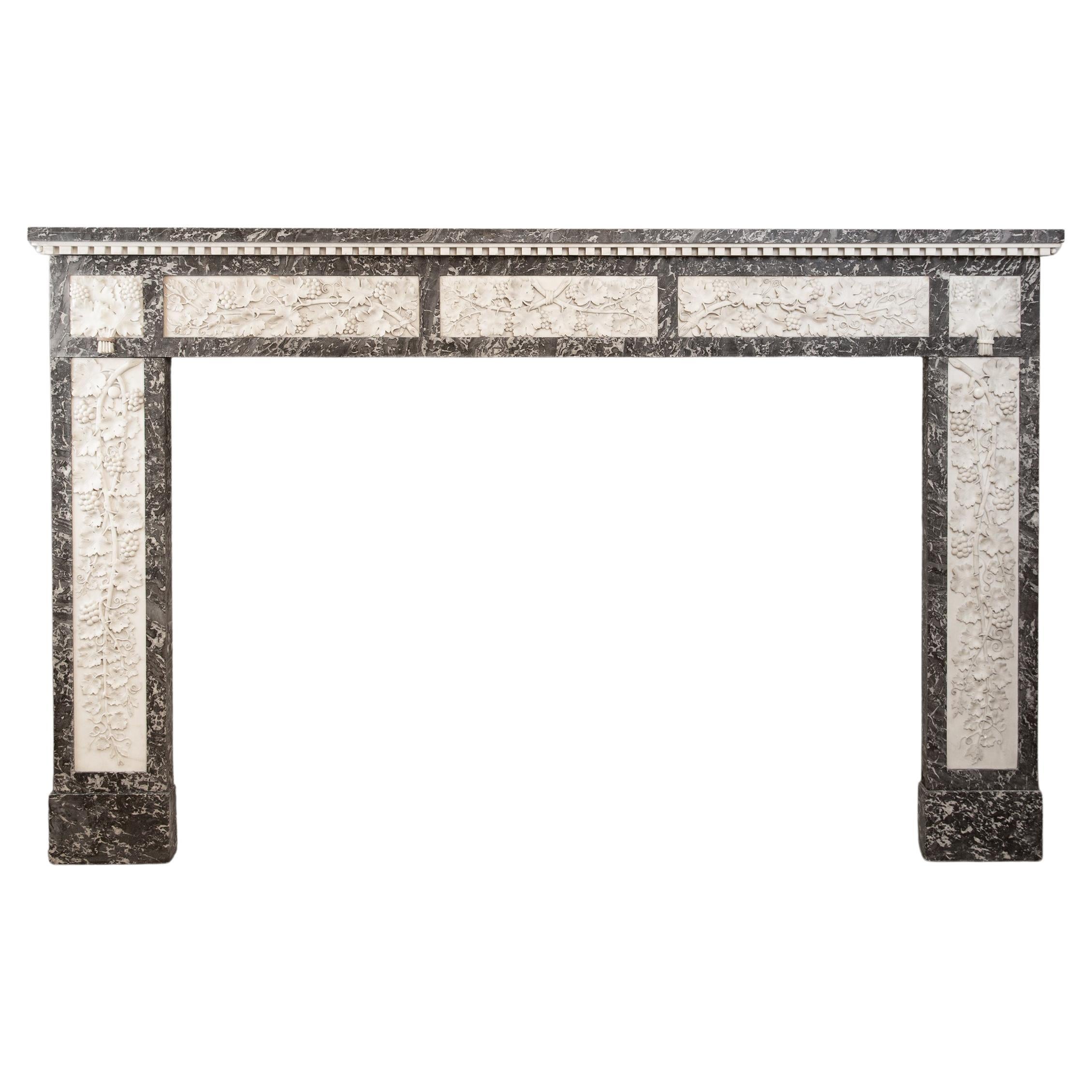 Grey and White Marble Antique Louis XVI Full Circulation Fireplace For Sale