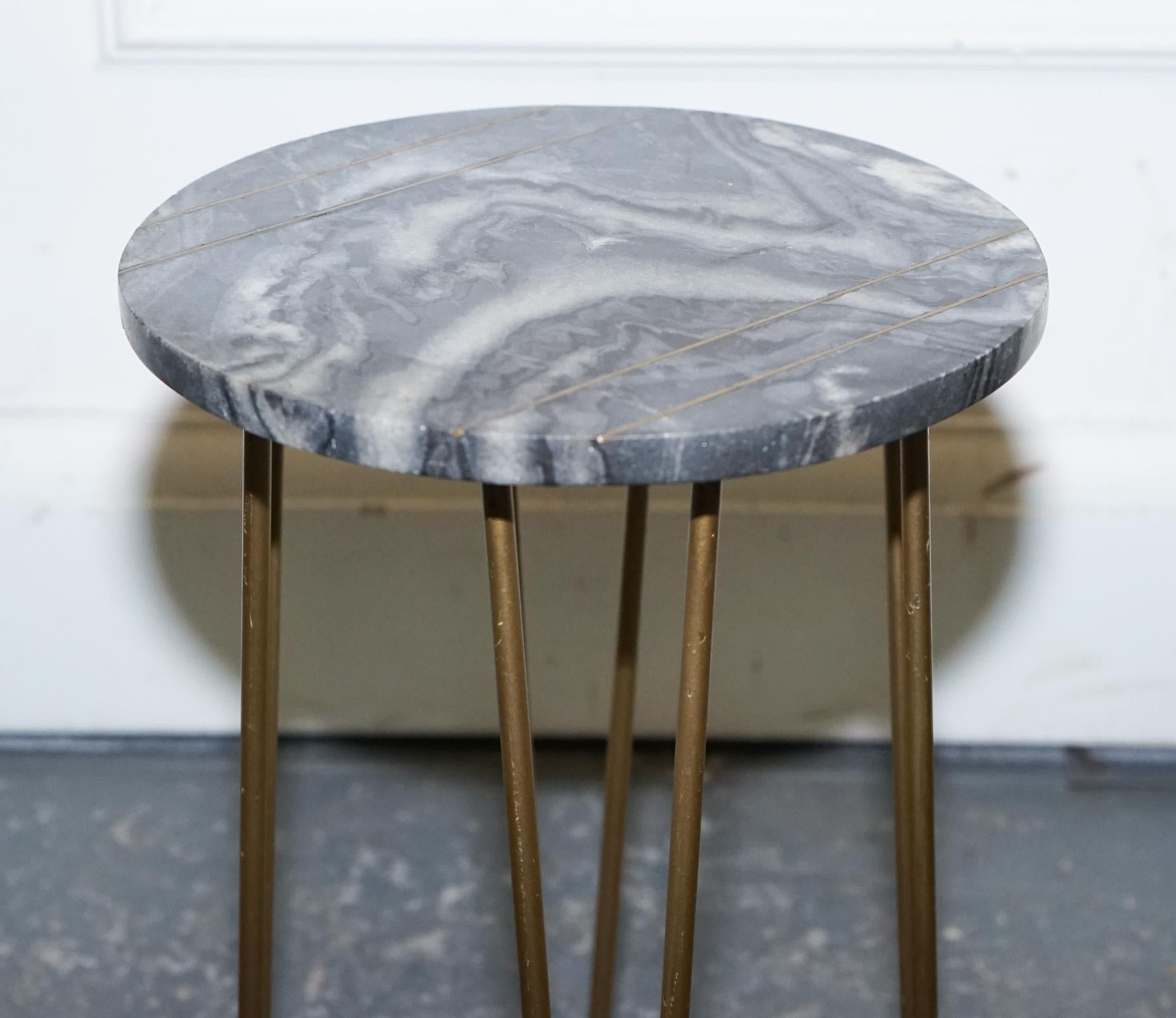 20th Century GREY AND WHITE MARBLE TOP WITH GOLD PIN LEGS PLANT LAMP SiDE TABLE For Sale