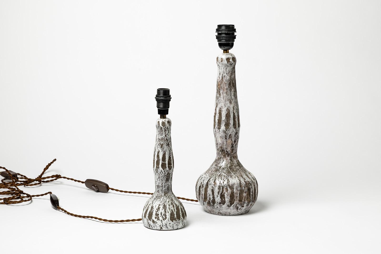 Mid-Century Modern Grey and White Pair of Ceramic Table Lamps by French Artist, circa 1970 For Sale
