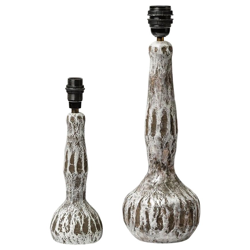 Grey and White Pair of Ceramic Table Lamps by French Artist, circa 1970 For Sale