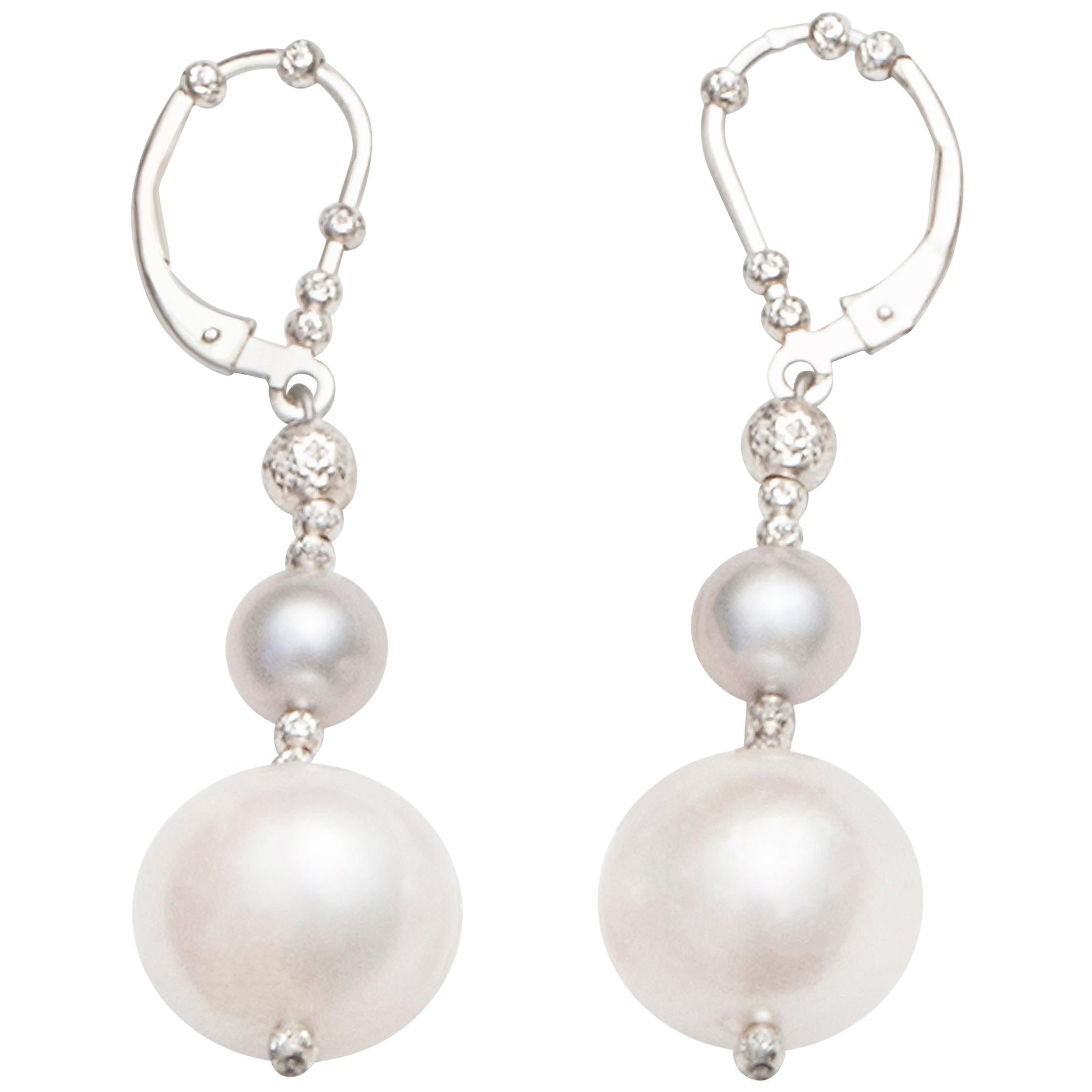 Grey and White Pearl Dangle Earrings with Sterling Silver Diamond Cut Beads For Sale