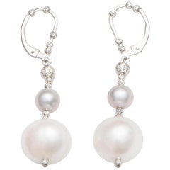Grey and White Pearl Dangle Earrings with Sterling Silver Diamond Cut Beads