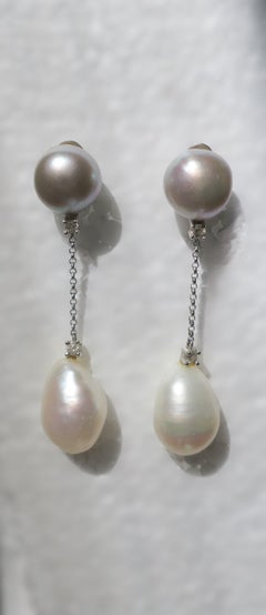 Grey and White Pearl Diamond and White Gold Dangle Earrings Italian