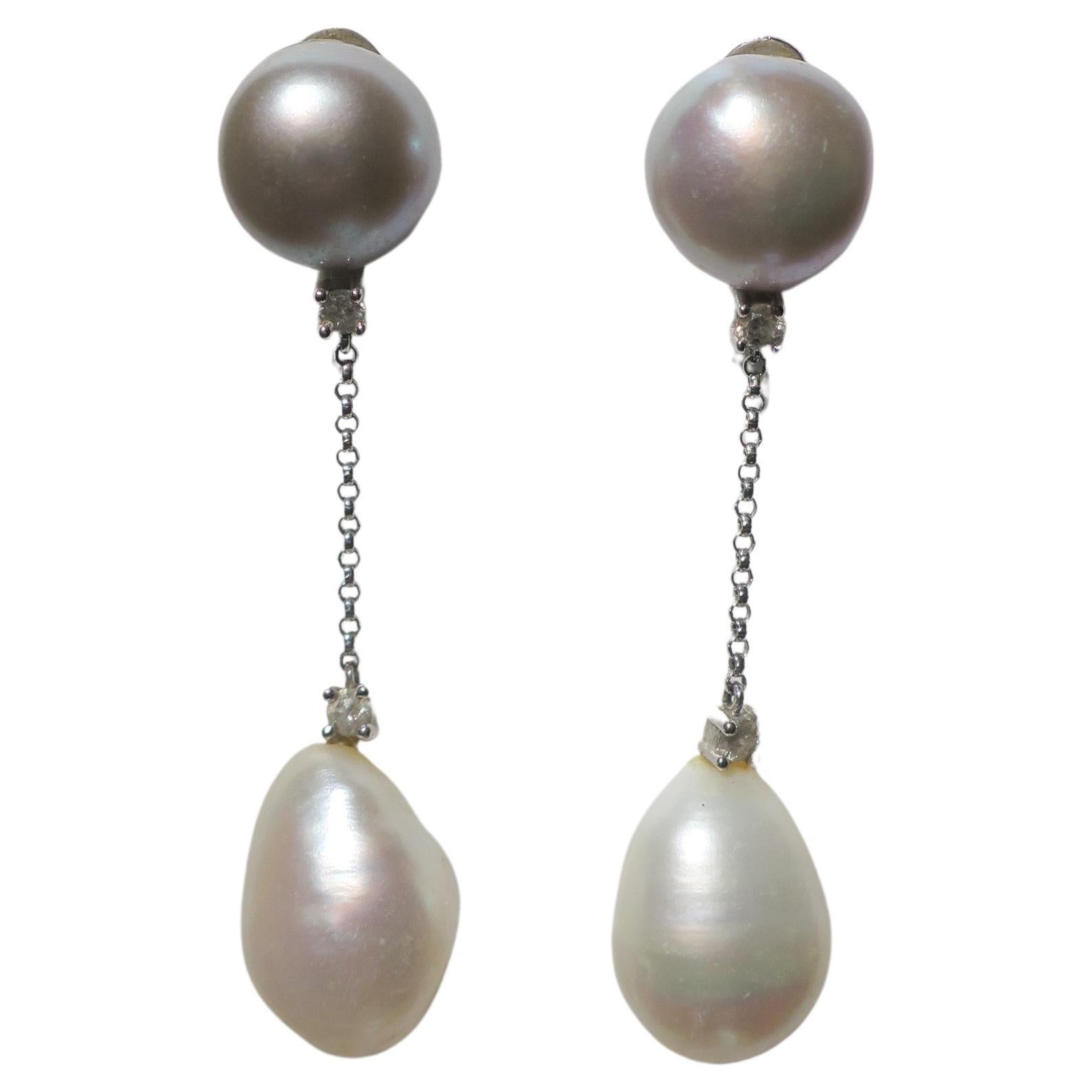 Grey and White Pearl Diamond and White Gold Dangle Earrings