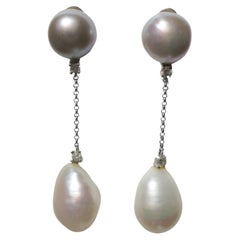 Grey and White Pearl Diamond and White Gold Dangle Earrings