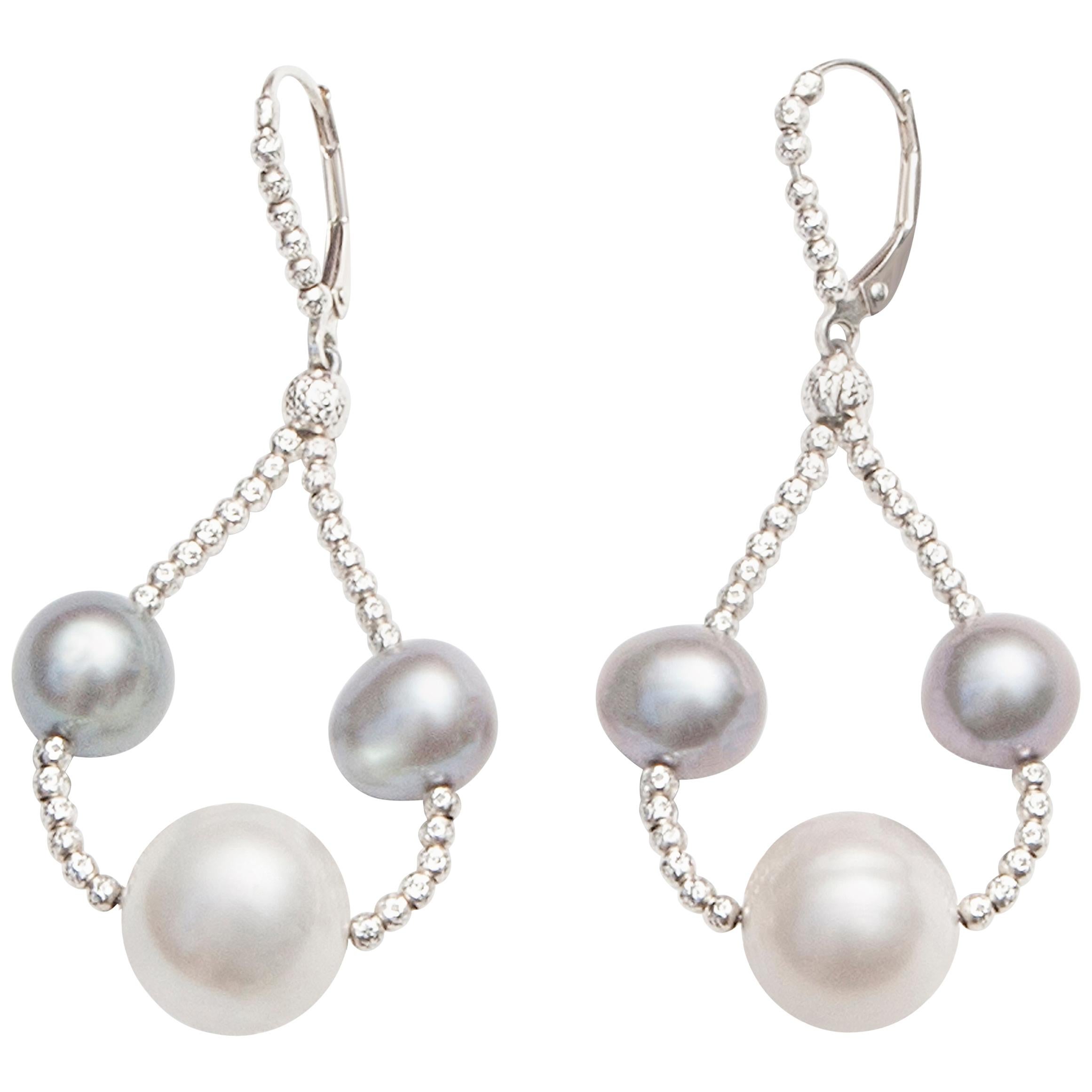 Grey and White Pearl Drop Earrings For Sale