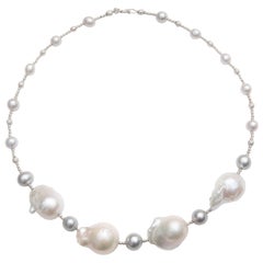Grey and White Pearl Necklace with Round and Baroque Pearls