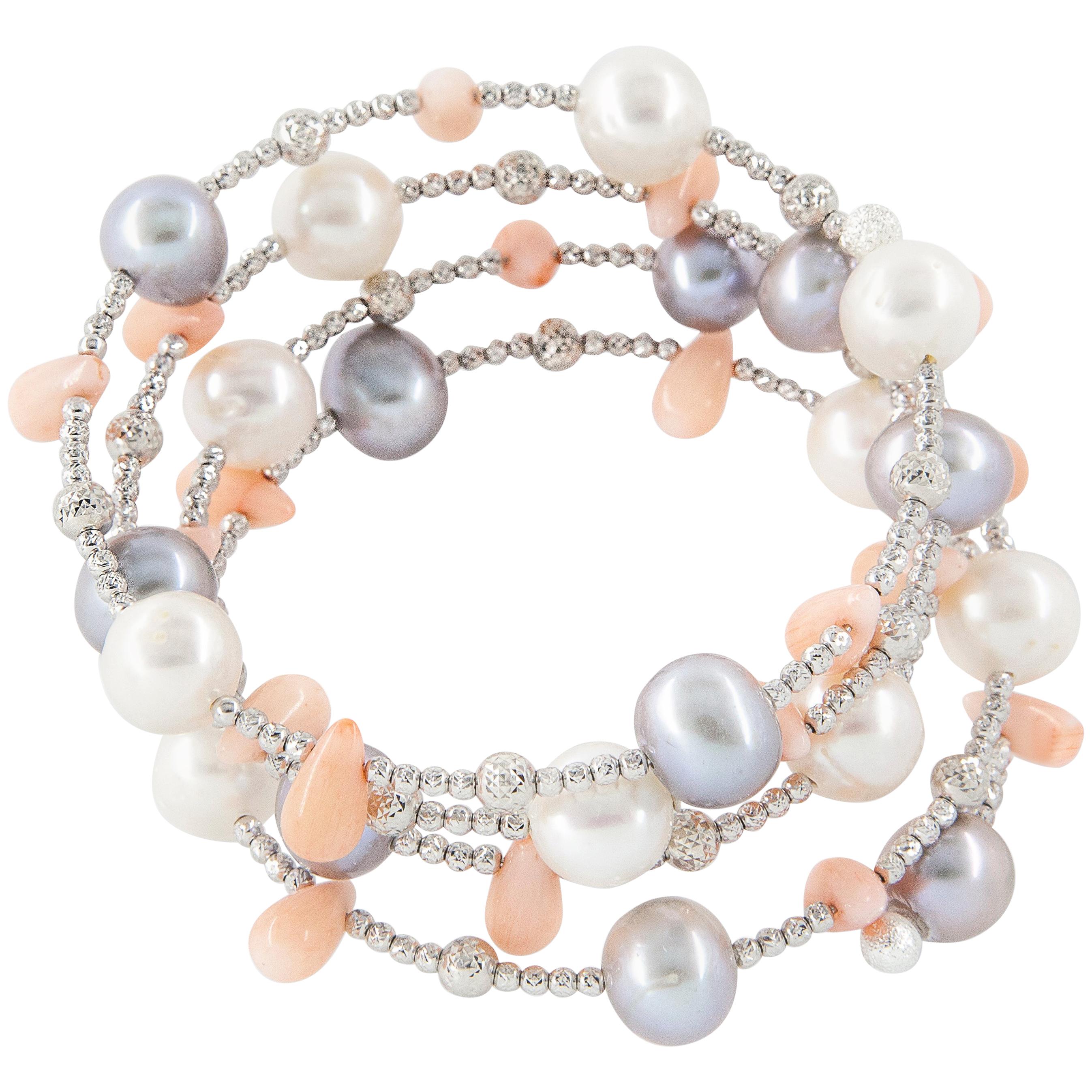Grey and White Pearl Spiral Bracelet with Coral Beads and White Gold Beads For Sale