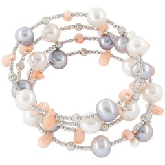 Grey and White Pearl Spiral Bracelet with Coral Beads and White Gold Beads