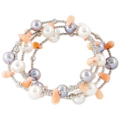 Grey and White Pearl Spiral Bracelet with Coral Beads and White Gold Beads