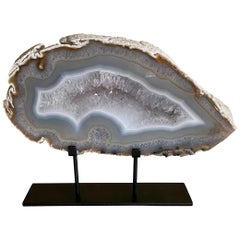 Grey and White Thick Sliced Agate on Stand, Brazil, Prehistoric
