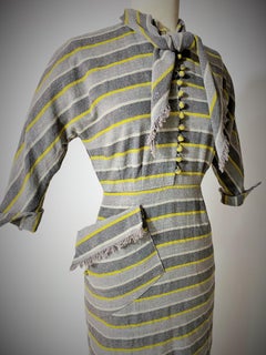 Grey and yellow striped wool day dress - France Circa 1945