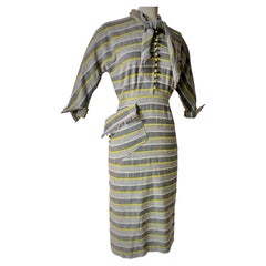 Grey and yellow striped wool day dress - France Circa 1945