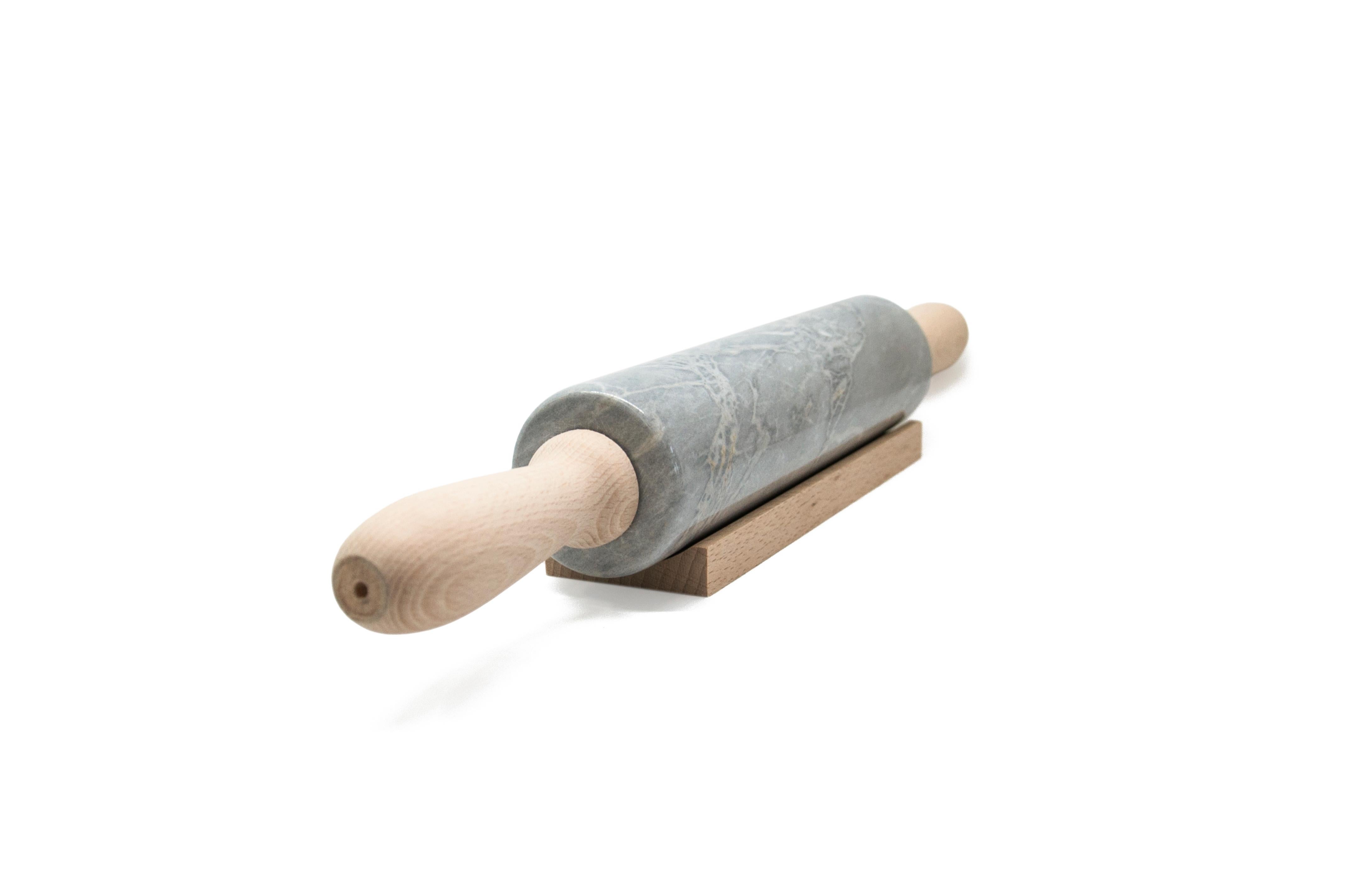 Italian Handmade Grey Bardiglio Marble Rolling Pin with Wooden Handles For Sale