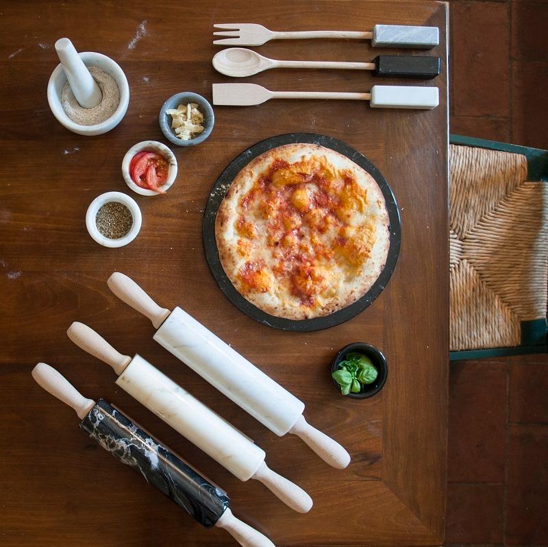 Hand-Crafted Handmade Grey Bardiglio Marble Rolling Pin with Wooden Handles For Sale