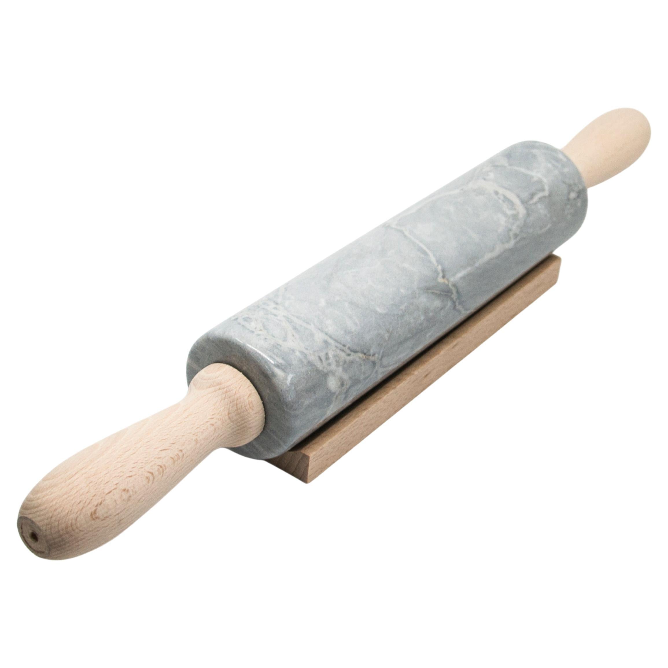 Handmade Grey Bardiglio Marble Rolling Pin with Wooden Handles For Sale