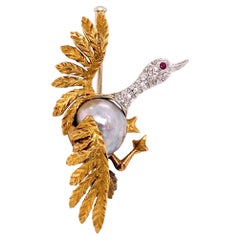 Grey Baroque Pearl and Diamond Goose 2-Tone Gold Brooch Pin