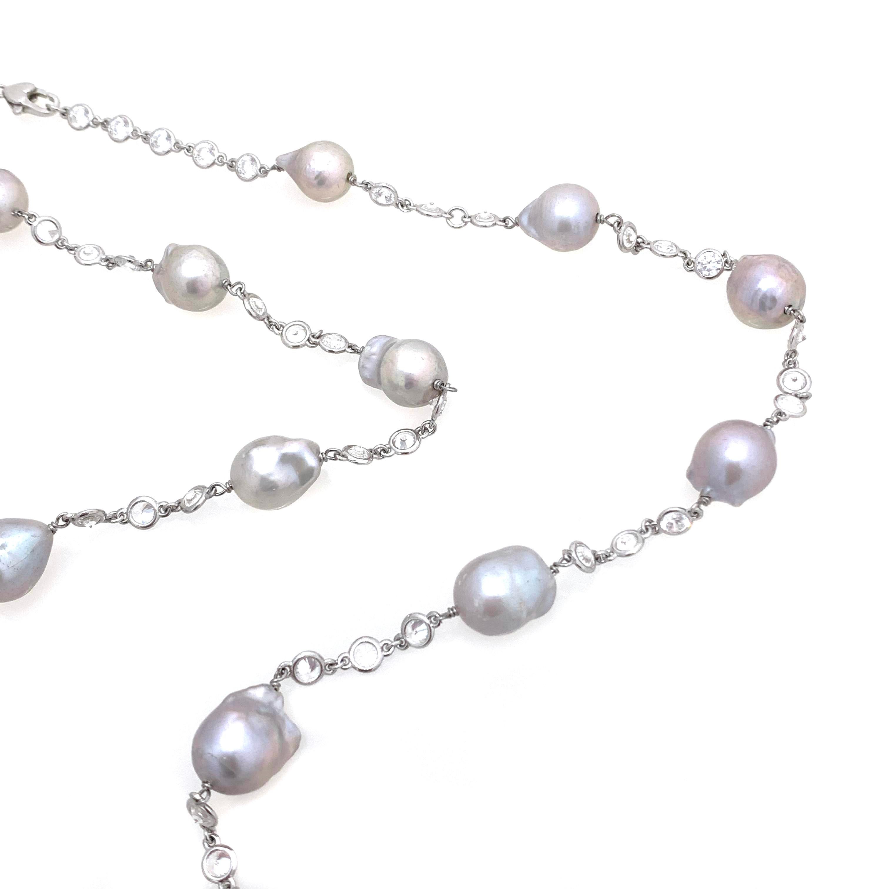 Uncut Grey Baroque Pearl Sterling Silver Long Station Necklace