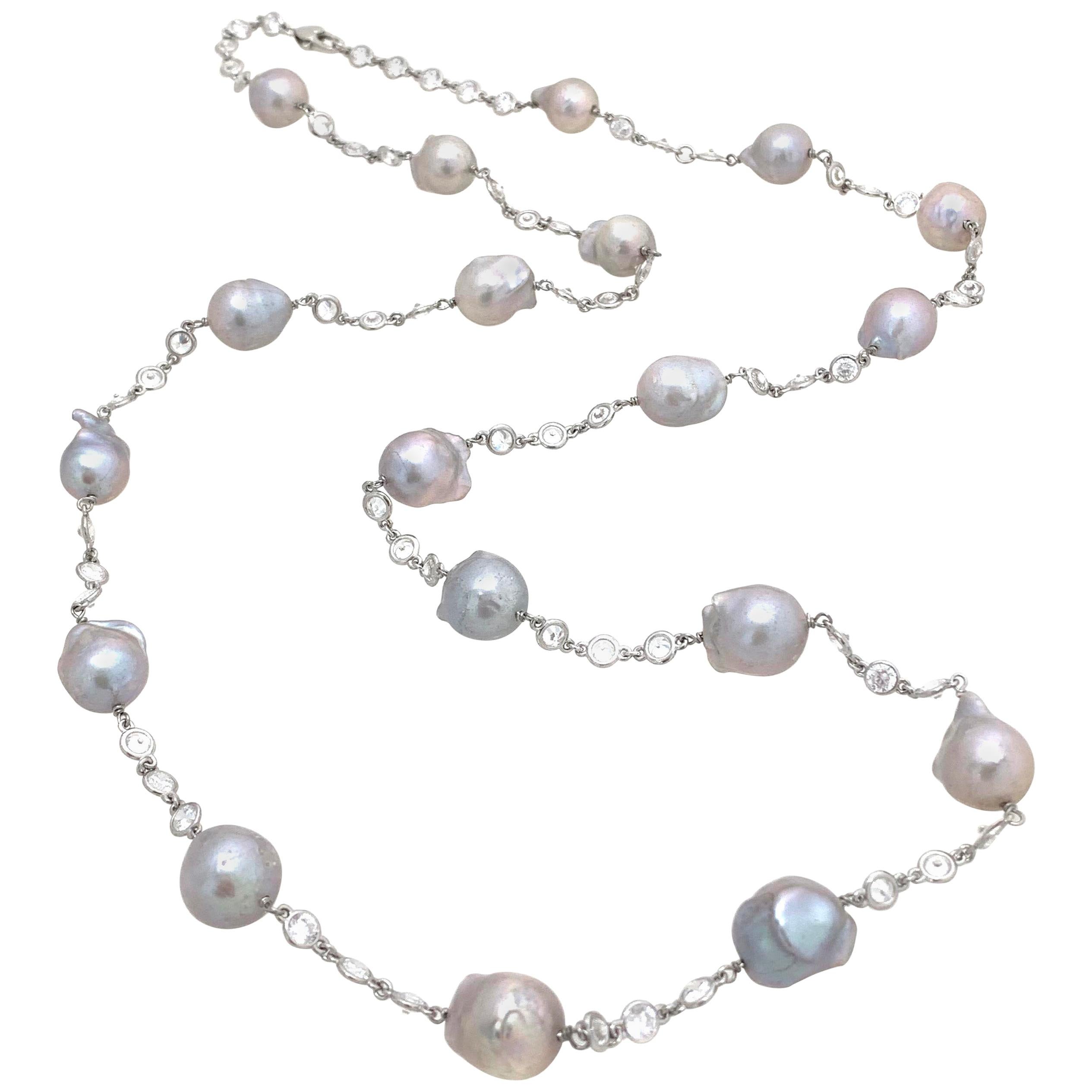 925 Sterling Silver Rhodium-plate 7-9mm Grey Baroque Pearl 2in ext Necklace 18inch 