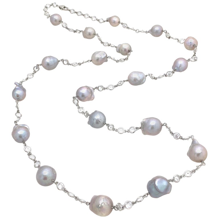 Grey Baroque Pearl Sterling Silver Long Station Necklace at 1stDibs