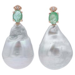 Grey Baroque Pearls, Emeralds, Diamonds, 14 Karat Rose Gold Earrings