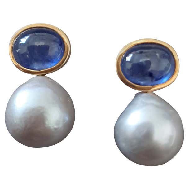 Grey Baroque Pearls Oval Blue Sapphire Cabs 14K Yellow Gold Bezel Stud ...