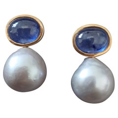 Grey Baroque Pearls Oval Blue Sapphire Cabs 14K Yellow Gold Bezel Stud Earrings